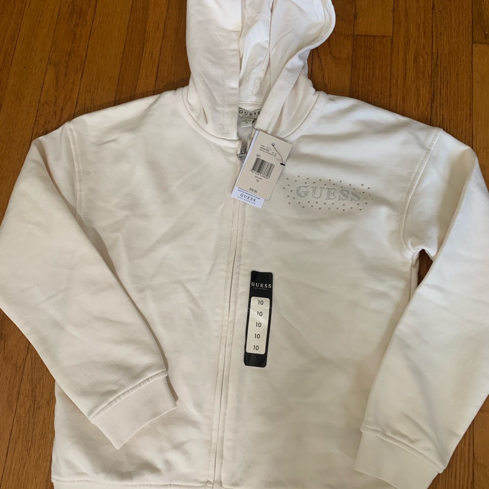 Guess White Rhinestone Logo Zip-Up Hoodie